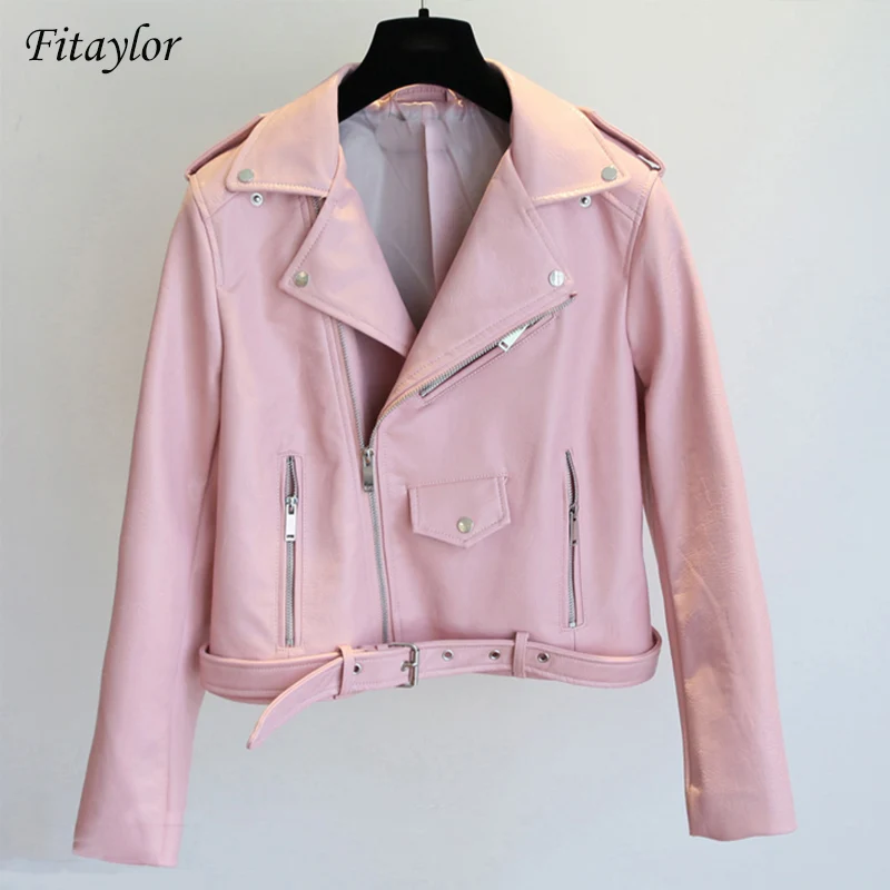 

Fitaylor Women Faux Leather Jacket Fashion Bright Color Black Motorcycle Coats Short Pu Leather Biker Jackets Soft Coat Female