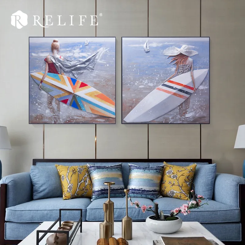 

Hand Painted Framed Pictures Surfing Girl Oil Painting Home Decor Sofa Background for Living Room