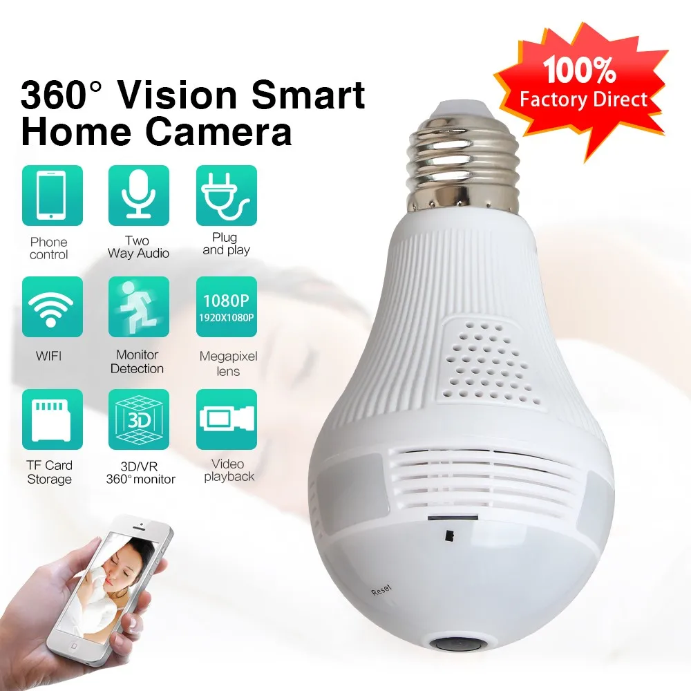 1080p WIFI Bulb Panoramic camera 360 degree cctv Smart Home 3D fisheye VR CAM 2.0MP Bulb Light Wireless IP Camera