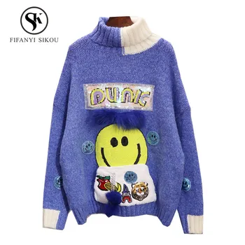 

Autumn Winter Cartoon Turtleneck Sweater Women Fashion Sequins Long sleeve Tops Female Pullovers Thick warm Knitting Sweaters