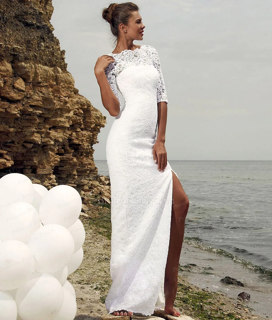 Free Shipping Beautiful Mermaid Lace Up Back Open Leg Sweep Train Free Shipping Beautiful Mermaid Lace Up Back Open Leg Sweep Train Wedding Dress Full With Half Sleeves Y11450