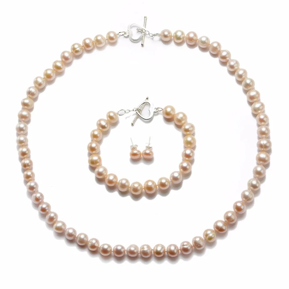 

NJ107496 CKKU Jewelry 3sets/LOT Pink Freshwater Pearl Necklace Bracelet Earrings Jewelry Set with 925 Sterling Silver Clasp