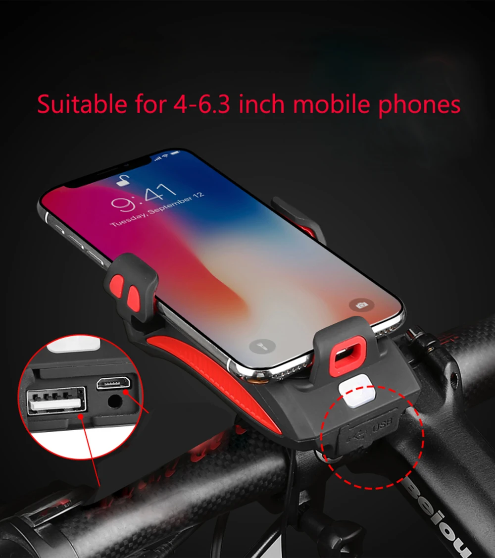 4 в 1 велосипедный светильник USB высокий светильник держатель для велосипедного телефона светильник для велосипедного рога светодиодный светильник внешний аккумулятор Кронштейн для мобильного телефона перезаряжаемый