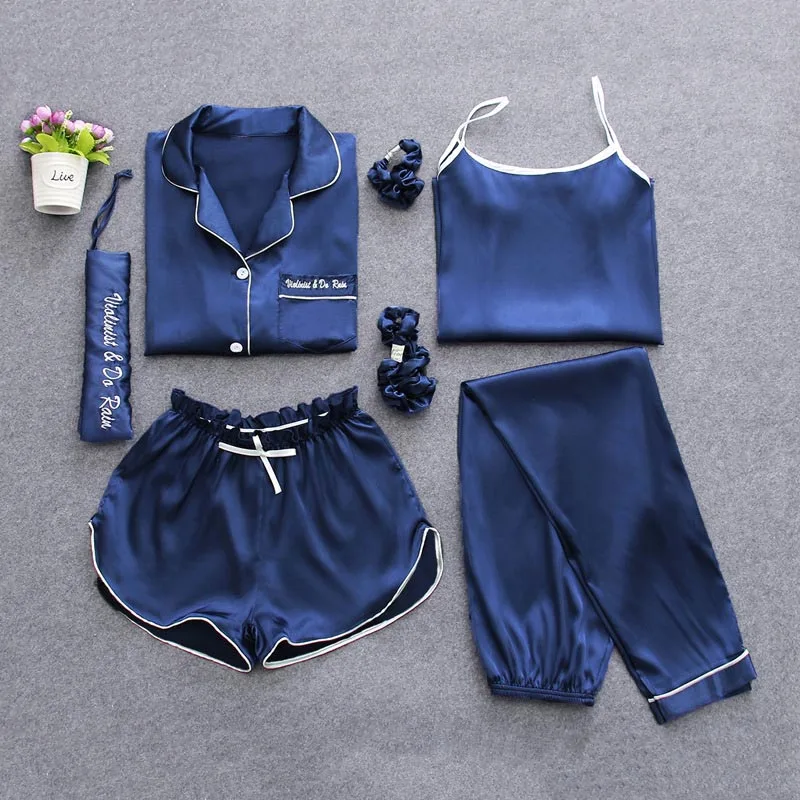 

2019 Women Sleepwear 7 Pieces Pyjama Set Autumn Spring Sexy Pajamas Sets Sleep Suits Soft Sweet Cute Nightwear Gift Home Clothes