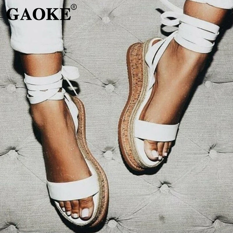 Alpargatas de cuña blancas para mujer, sandalias de gladiador con punta abierta, zapatos de plataforma con cordones, de verano|Sandalias de mujer| - AliExpress