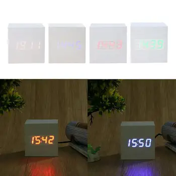 

Creative LED Alarm Clock Cube Wooden Voice Control LED Digital Clocks White 5V Home Bedroom Decor Alarm Clock With USB Cable