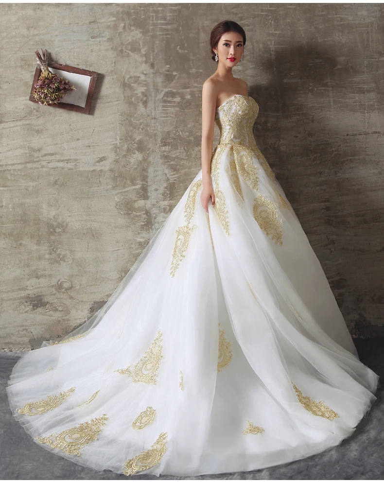 Impressive Strapless Lace Up Back Opulent Appliqued font b Gold b font font b Ball b