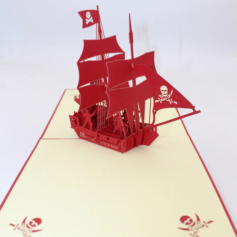  3D Handmade Full Red Sailing Ship Pirate Boat Paper Greeting Cards with Envelope Business Kids Birt - 32914208965