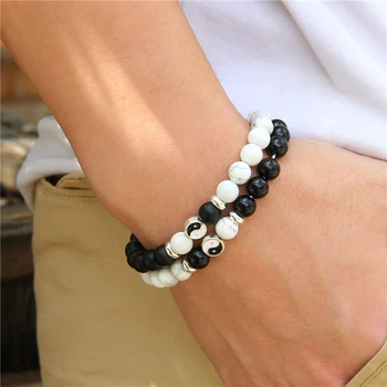 

Couples lovers bracelets White and black beads bracelet women men Taiji ying yang charm bracelet friendship jewelry male female