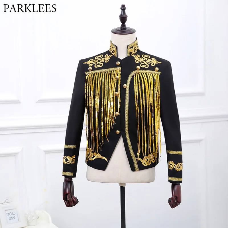 

Men's Gold Sequin Tassel Black Blazer Jacket 2018 Brand Stand Collar Embroidery Suit Blazer Men Prom Stage Wedding Costume Homme
