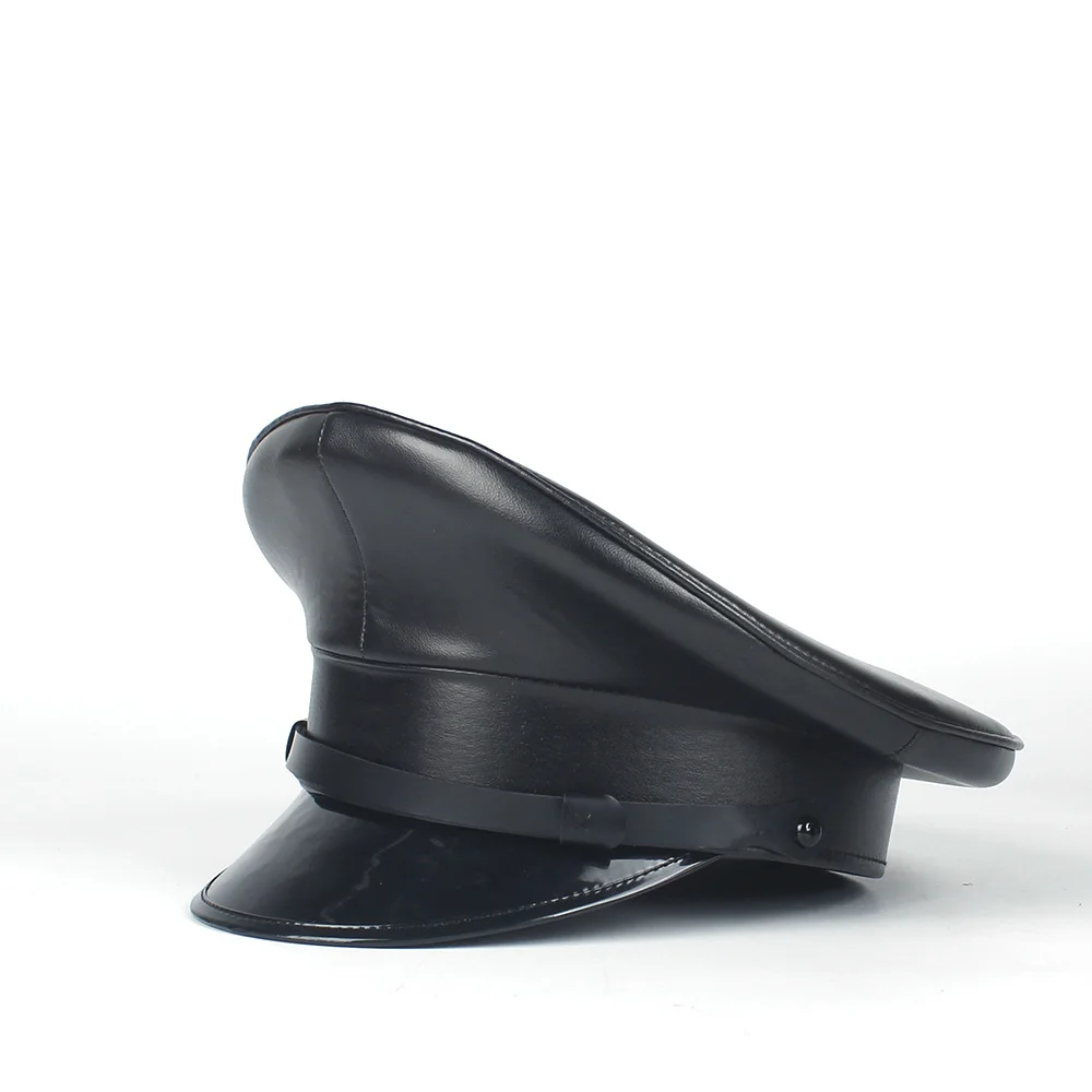 Black Leather Germany Officer Visor Cap 