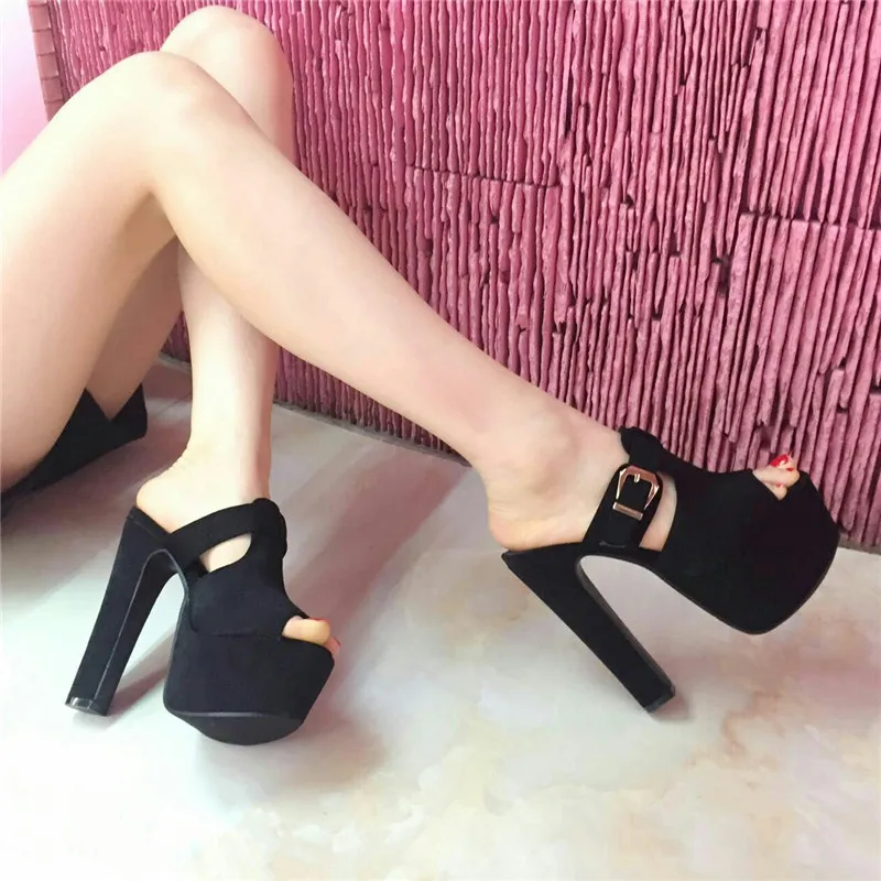 15cm sexy super high heels nightclubs T Taiwan model leather buckle thick with waterproof sandals and