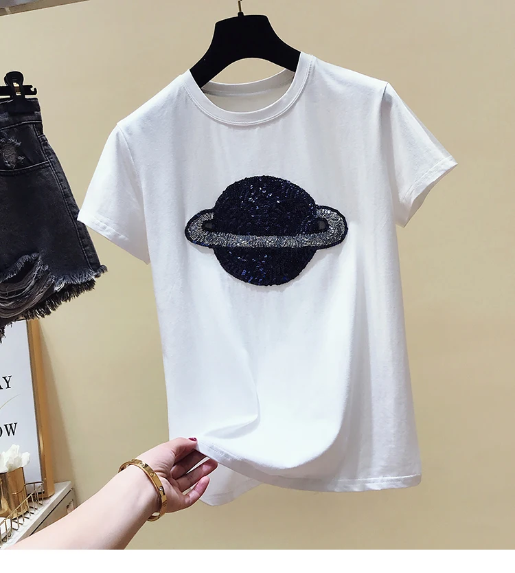 Женские футболки, новинка, летние топы с круглым вырезом и коротким рукавом, сверкающие блестки, вышитая планета, футболка, белая, черная, Повседневная футболка