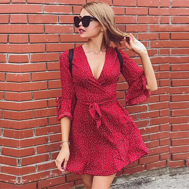 yinlinhe Red Polka Dot Wrap Dress Women 