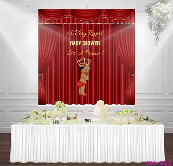 

A Very Royal Baby Shower Backdrop Starlit Prince Babyshower Golden Crown Red Theater Curtain Background Dessert Table Background