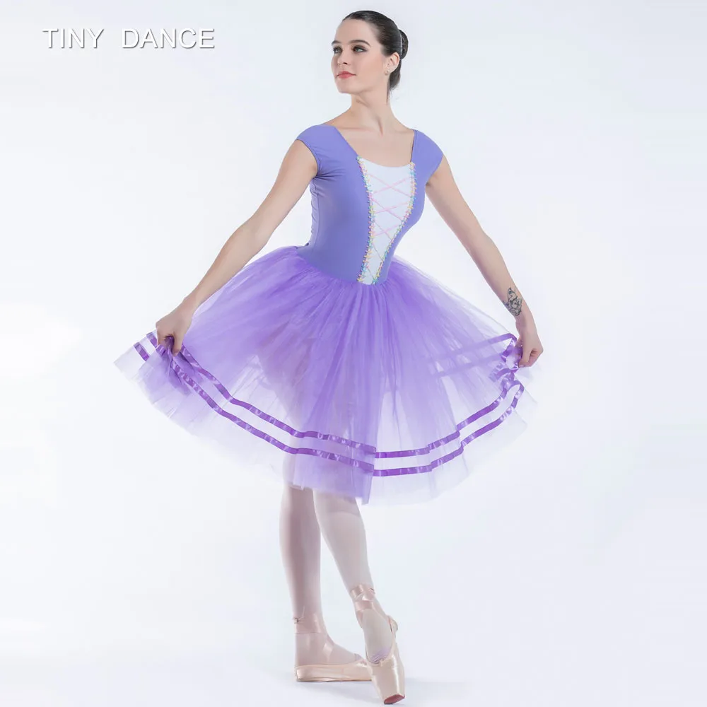 

Cap Sleeves Performance Costume Spandex Bodice 5 Layers Romantic Length Ballet Dance Tutu Lilac Long Tutu Ballerina Dress 19339