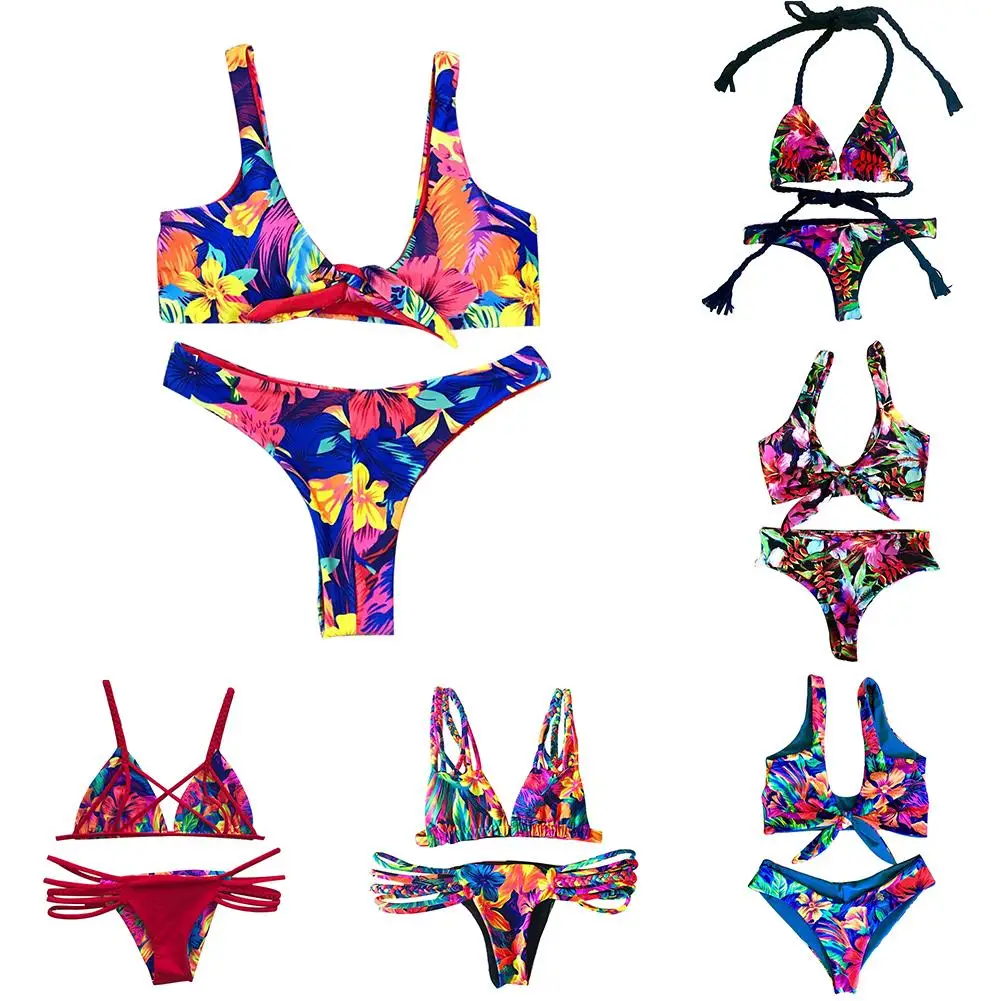 

Flower Print Knotted Bandage Bikini Set Women Two-piece Summer Swimwear Swimsuit