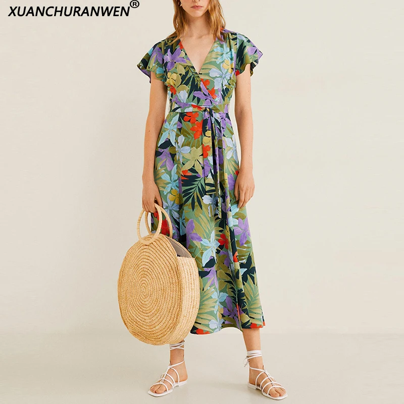 

New Fashion V neck Beach Vacation Maxi Dress Women Short Sleeve Floral Printed Wrapped Long Party Dress Ladies NX8900