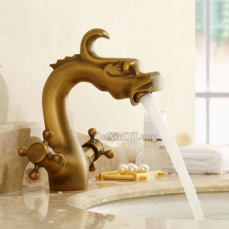 Dragon Shape Brass Faucet Bathroom Basin Faucet Dual Cross Handles