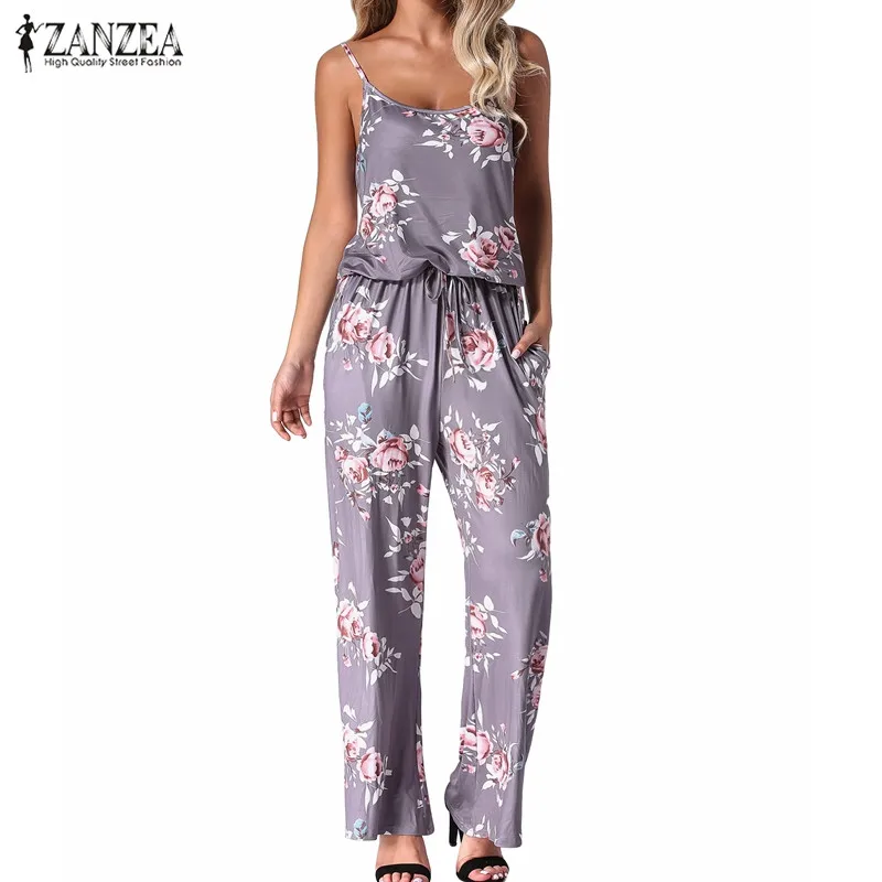 الصيف الأزهار طباعة السروال القصير حللا النساء 2019 عارضة مستقيم مثير عارية الذراعين طويل بنطال ذو قصة أرجل واسعة Playsuits جيوب داخلية