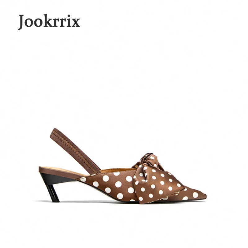

Jookrrix 2018 Spring Summer New Girl Fashion Brand Satin Polka Dot Shoes Women Sandal Pointed Toe Bow Back Straps Lady Thin Heel