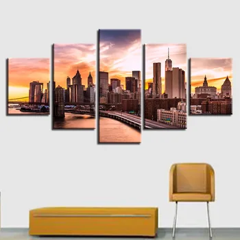 

Canvas Painting Modular Art Living Room Wall Decor Prints 5 Pieces Beautiful Brooklyn Bridge City Sunset Scenery Pictures Frame