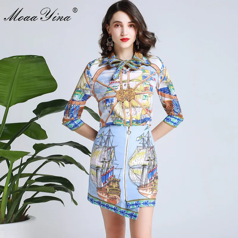 

MoaaYina Fashion Designer Set Spring Summer Women Sailboat Print Shirt Tops+Asymmetrical Short skirt Two-piece suit