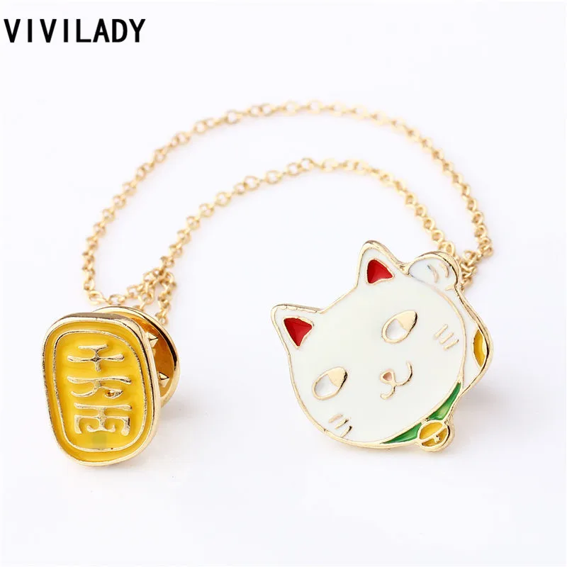 

VIVILADY Factory Wholesale Sales Enamel Fortune Lucky Cat Brooches Pins Badge Lady Girls Costume Bijoux Accessory Christmas Gift