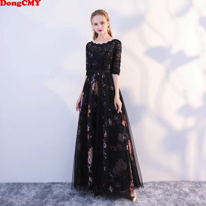 

DongCMY Long Formal Evening Dresses Women Black Color Flower Women Party Dress