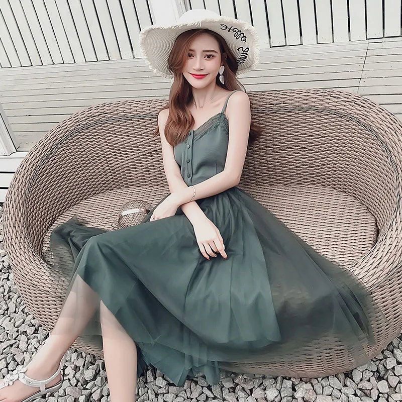 

Summer New Women Lace Stitching Mesh Dress Spaghetti Strap Midi A-line Dresses For Women Sexy V-neck Dress Black Green Vestidos