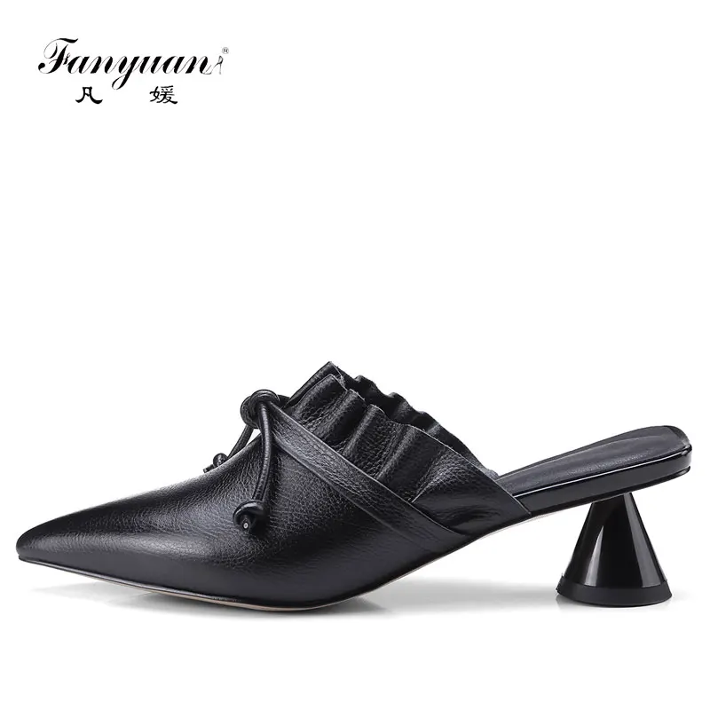 

Fanyuan Summer Women Genuine Leather heels Open Toe Thick High Heels Pumps Fashion Comfortable Lotus leaf Mules Shoes