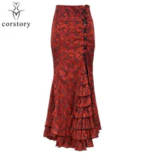 Corstory викторианская красная парча с рюшами, юбка в стиле стимпанк, высокая талия, длинные макси юбки, рыбий хвост, на шнуровке, тонкие винтажные юбки-трубы