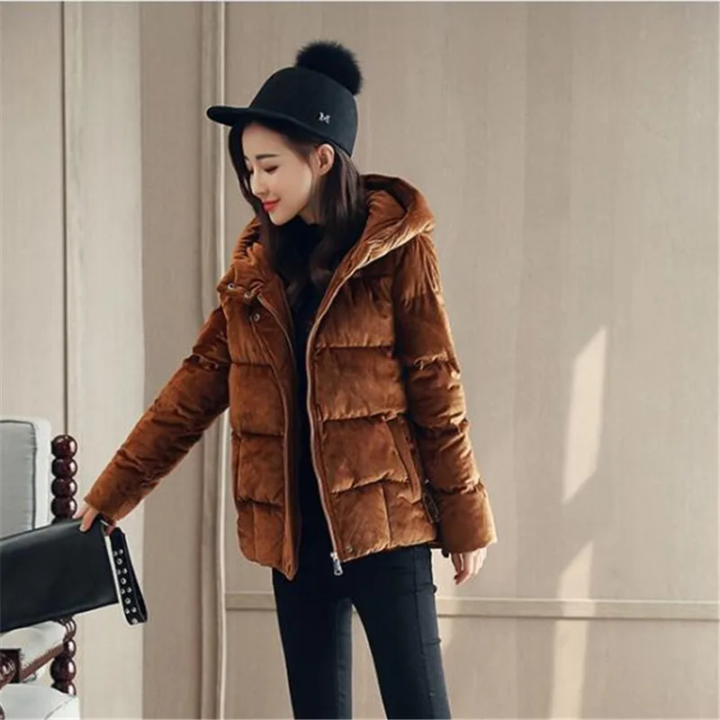 Бархатное короткое пальто с капюшоном и хлопковой подкладкой, толстое повседневное зимнее пальто высокого качества, парка, свободная стеганая зимняя куртка, женское манто TT3618 - Цвет: caramel