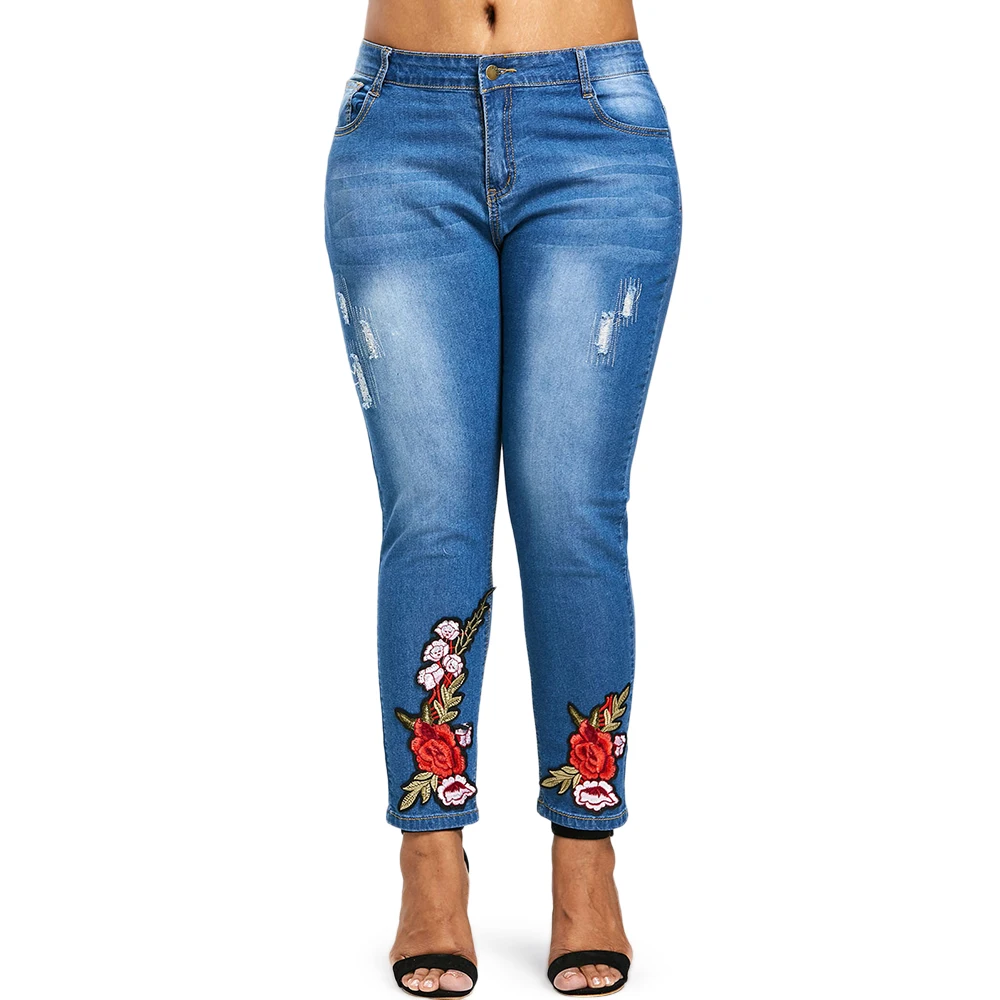 Pantalones Tamaño Bordada Dark Blue La Denim Wipalo Jeans Lápiz Ropa Femme Gran Plus Mujeres 2018 Cremallera Damas Floral De Bordado 5xl AFPw4B