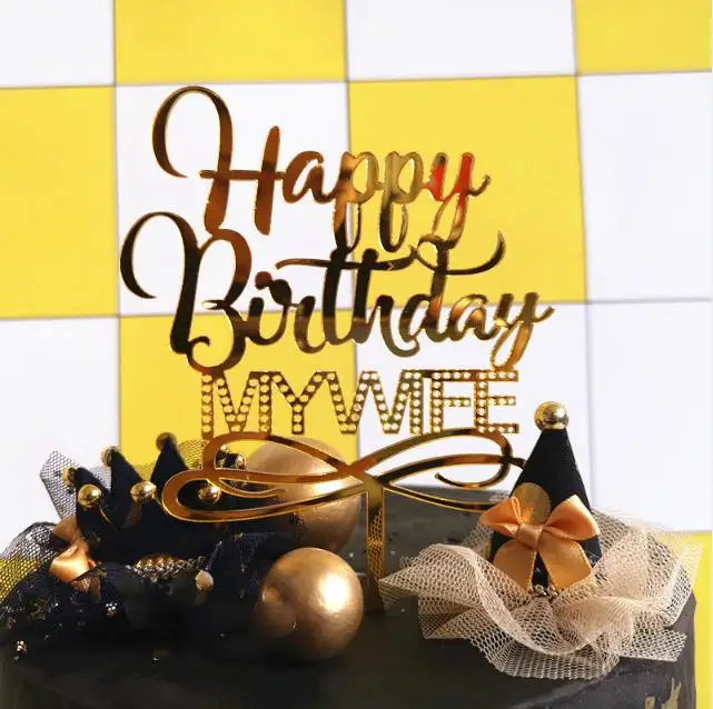 

Black Gold Silver Acrylic Happy Birthday "My Husband" "My Wife" Iron Crown Cake Topper for Party Decoration Dessert lovely Gifts
