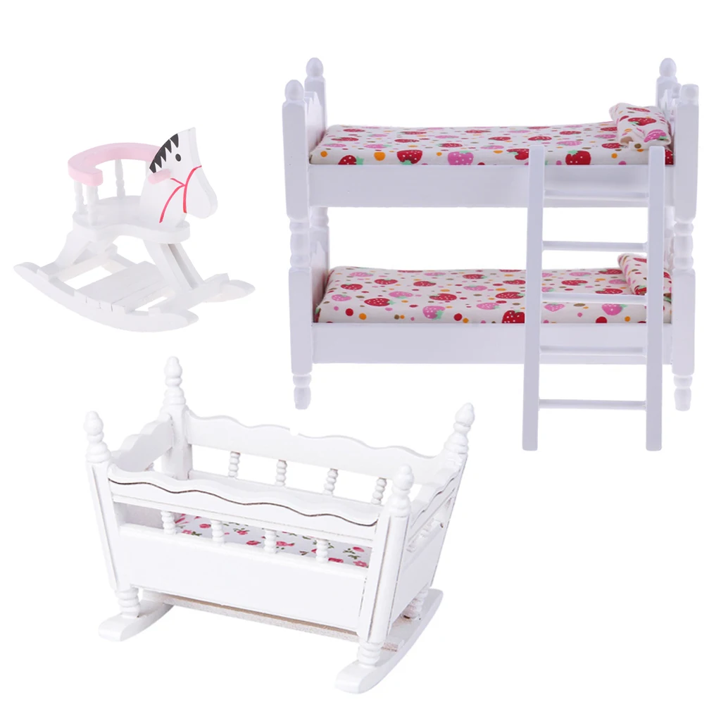 White 1/12 Scale Dollhouse Furniture Children Nursery Bedroom Bunk Bed Cradle Rocking Horse Set