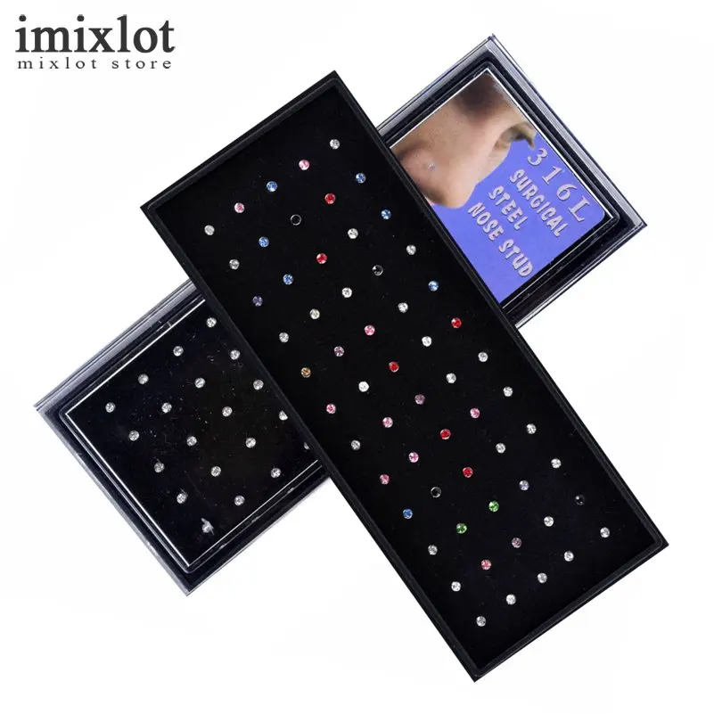 

Imixlot 60pcs/lot Surgical Steel Nose Ring Piercing Crystal Nose Piercing Stud Cartilage Earrings Pircing Nariz Body Jewelry