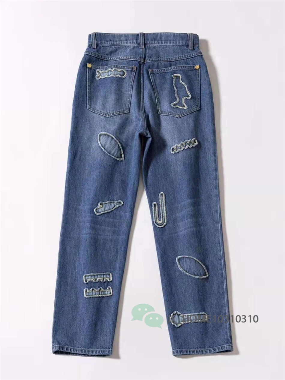 Cosmicchic женские прямые джинсы с высокой талией, заплатки, джинсы-карандаш, однотонные повседневные джинсы, дизайнерские брюки для подиума