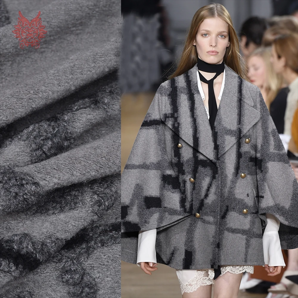 

Grey geometric jacquard cashmere wool fabric for coat dress winter thick fluffy woolen tissue stoffen tissu SP4557 Free shipping