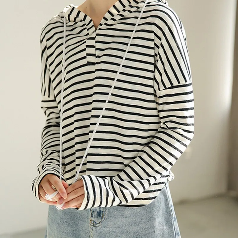 Black White Striped Hoodies Sweatshirt Women Casual Simple Female Basic ...