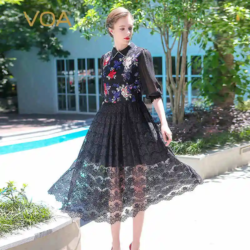 VOA 2017 Summer Classic Hepburn Black Sexy Lace font b Dress b font Peter Pan Collar