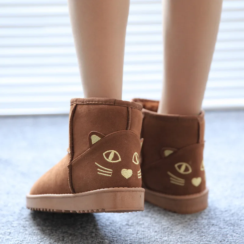 

Kawaii Women Snow Boots Cute Cat Thick Bottom Suede Leather Womens Ankle Boots Winter Warm Embroidered Flat Shoes Plush Inners