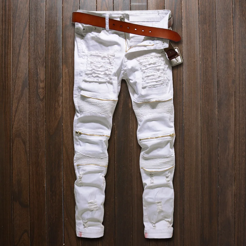 Popular Knee Zipper Jeans-Buy Cheap Knee Zipper Jeans Lots From Skinny jeans men White Ripped Knee zipper Fashion Casual Slim fit Biker jeans Hip hop destroy - Popular Knee Zipper Jeans-Buy Cheap Knee Zipper Jeans Lots From