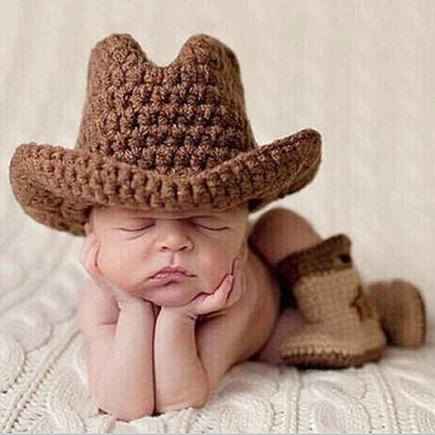 Infant Baby Newborn Photography Props Hats For Kids New Born Photo Cowboy Crochet Knit Costume 1set Caps Toddler Christmas Gift | Детская