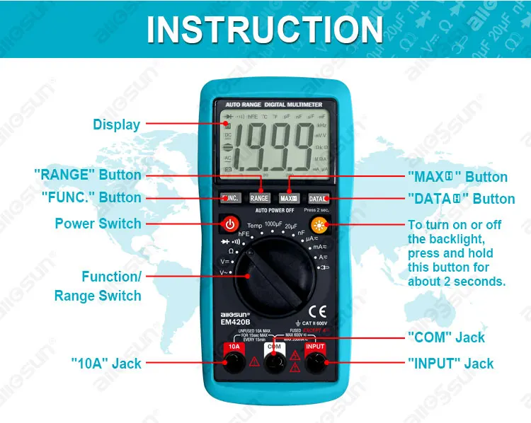 All-Sun EM420B Digital Multimeter Diode Transistor Battery Tester AC/DC Ammeter Voltmeter Ohm Voltage Meter