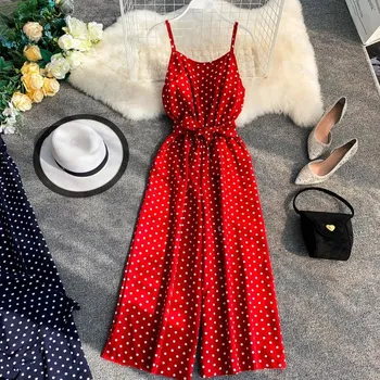 

Polka Dot Slant Belted Cami White Jumpsuit Sleeveless Spaghetti Strap Ladies Summer Jumpsuit Women Clothes