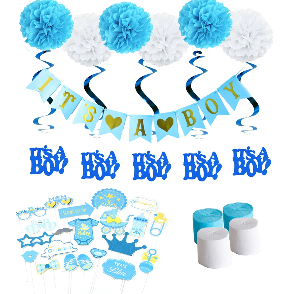 

Baby Shower Decoration Set with It's A Boy Banner Bunting Garlands Photobooth Props Hanging Swirl for Boy Baby Shower
