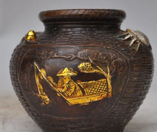

shitou 002512 Marked Chinese bronze gilt crab animal fisherman statue Pot jar Tanks Crock