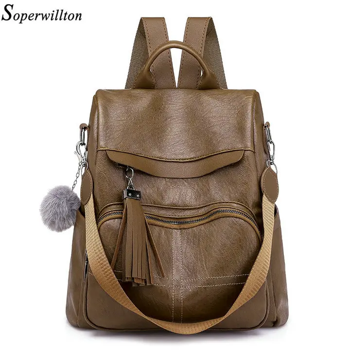 Soperwillton, женский рюкзак с кисточками, женские Молодежные рюкзаки из искусственной кожи с защитой от кражи, школьная сумка для девочек-подростков, рюкзак mochila - Цвет: Brown Women backpack
