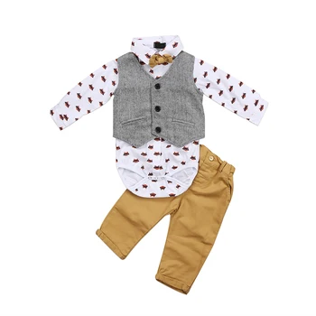 

2018 Baby Boy Formal Suit Long Sleeve Tops Shirt Bodysuit Bow Tie Waistcoat Pants Tuxedo Outfit Set Autumn Costume New Sale 0-2T